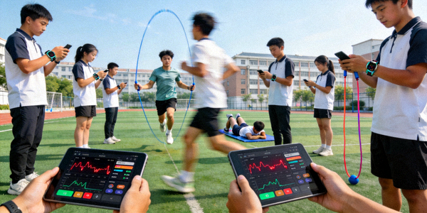 学校体育课堂上学生使用智能设备进行体能测试